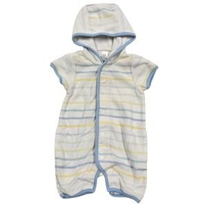 Vintage Baby Gap Boy Clothes Striped Terry Cloth Hooded Romper White Blue Yellow